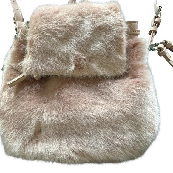 Zara Pink Faux Fur Fuzzy Pink Back Pack Faux Leather Pockets Wristlet NEW - Picture 3 of 8